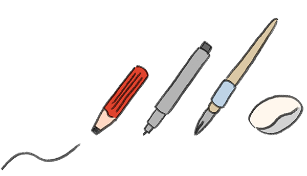 鉛筆とペンとインクペンとマウスの手描きイラスト