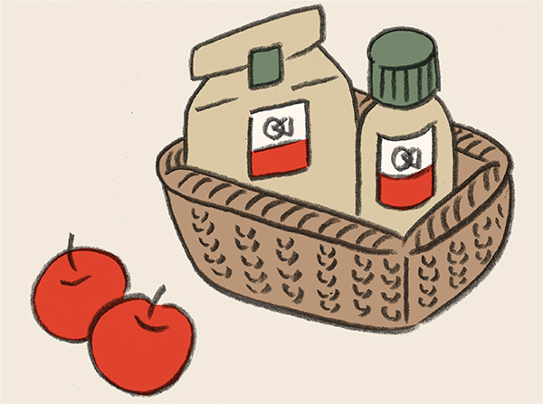 バスケットの中にある商品とりんごの手描きイラスト