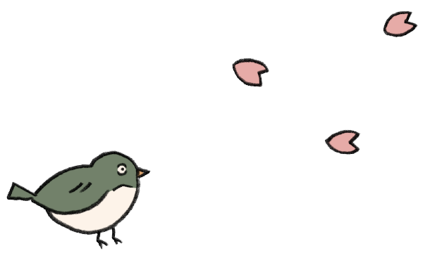 うぐいすと桜の花びらの手描きイラスト