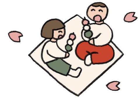 お花見しながらお団子を食べる親子の手描きイラスト