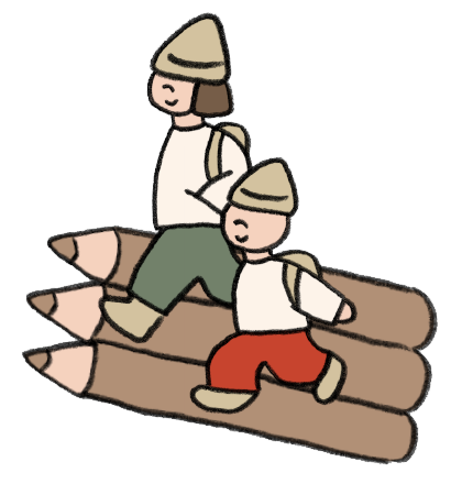 えんぴつの橋を渡る親子の手描きイラスト